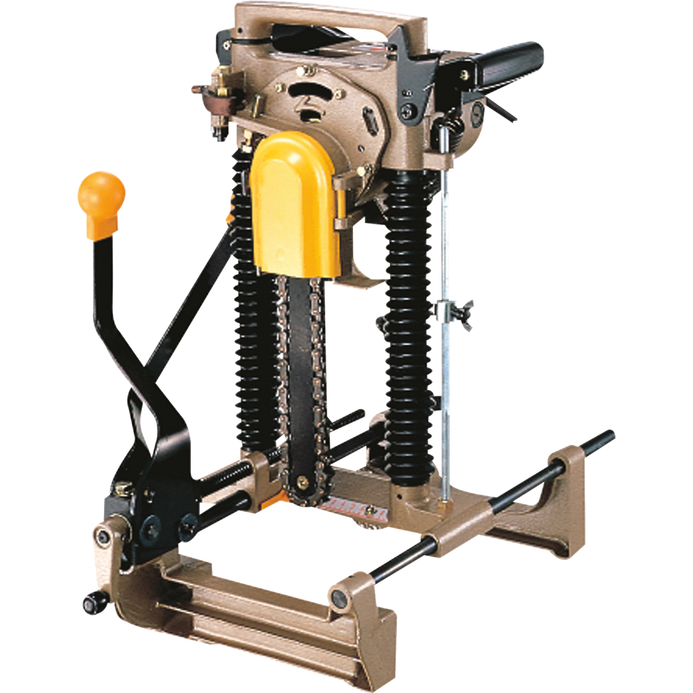 The Makita Chain Mortiser 7104L, featuring a yellow handle and black levers, is expertly designed for cutting wood mortises, making it essential for log home building and timber framing.