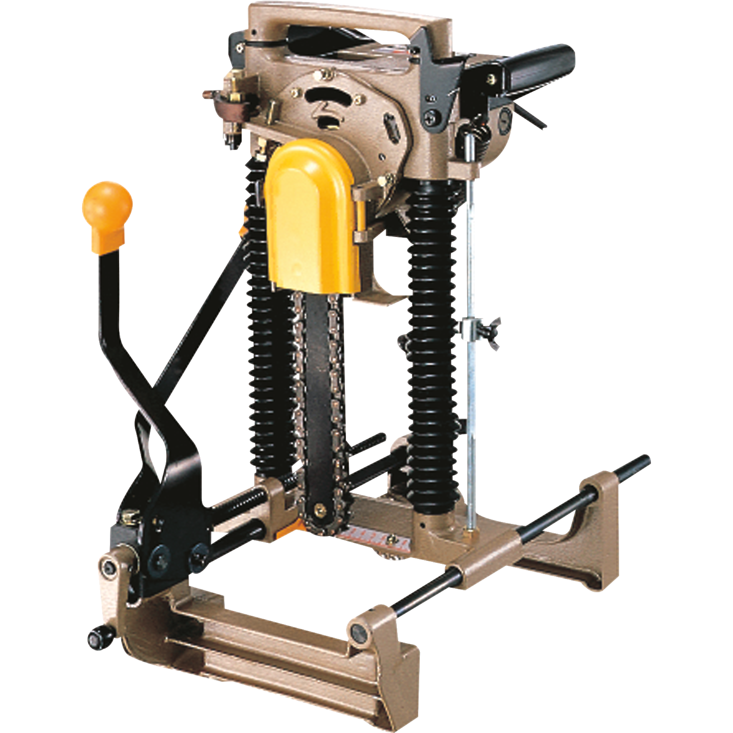 The Makita Chain Mortiser 7104L, featuring a yellow handle and black levers, is expertly designed for cutting wood mortises, making it essential for log home building and timber framing.