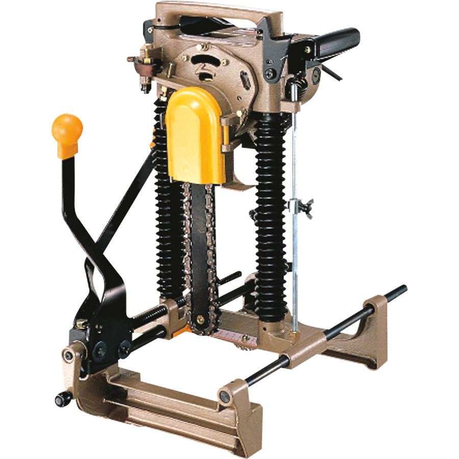 The Makita Chain Mortiser 7104L, featuring a yellow handle and black levers, is expertly designed for cutting wood mortises, making it essential for log home building and timber framing.