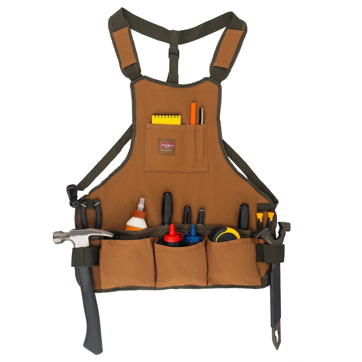 The Canvas Superbib Apron by PUL is a brown Duckwear canvas apron with adjustable shoulder straps, featuring 16 tool pockets, each organized with various tools such as a hammer, screwdrivers, pliers, a utility knife, measuring tape, and a pencil.