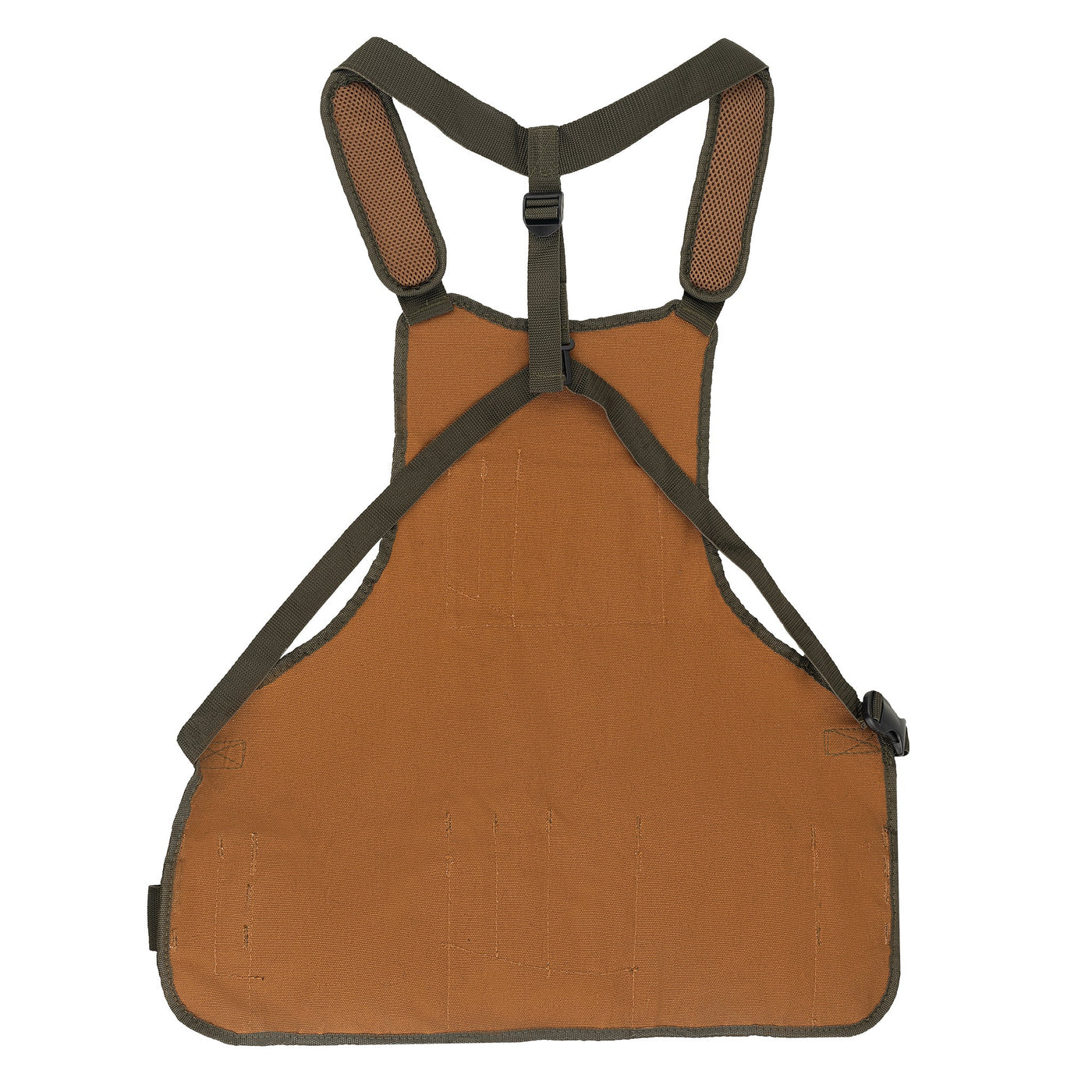 The Canvas Superbib Apron by PUL is a brown and green sturdy Duckwear canvas apron featuring crisscross back straps, adjustable shoulder straps, 16 tool pockets, and reinforced stitching.