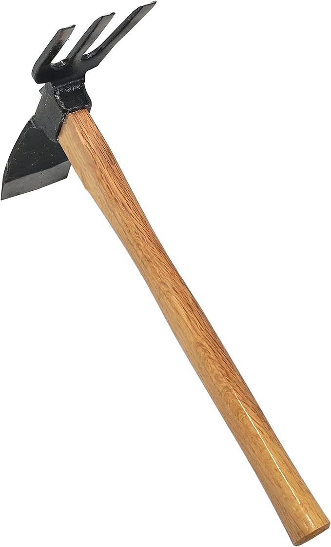 The MARU One Handed Hoe and Rake features a Japanese Red Oak handle and a forged Japanese steel head with a hoe blade on one side and three prongs on the other.