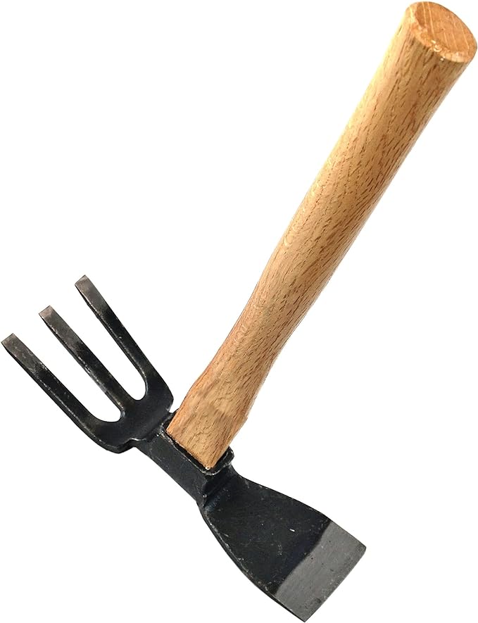 The MARU One Handed Hoe and Rake, crafted from forged Japanese steel with a three-pronged fork and flat blade, features an authentic Japanese Red Oak handle for durability. It's ideal for discerning gardeners who value quality in their tools.