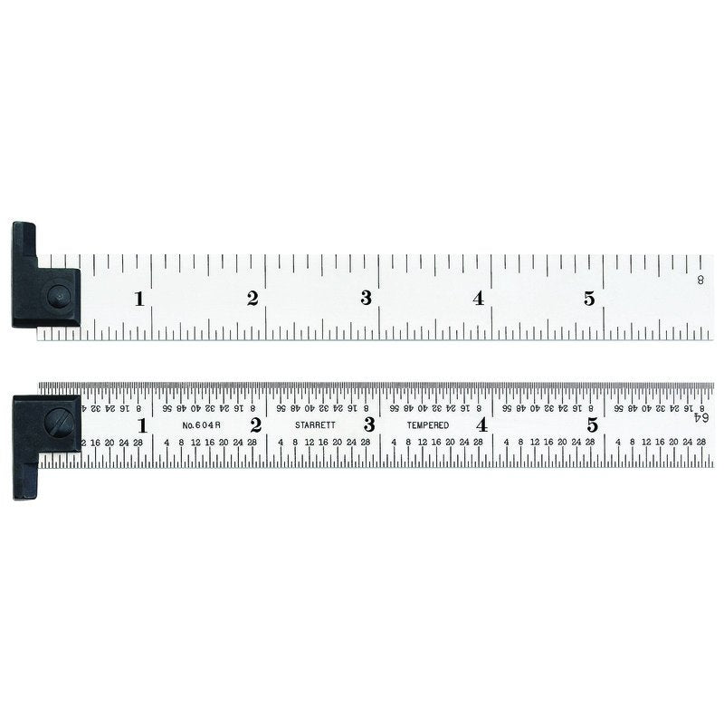 Two Starrett Precision Hook Rules by STT are made of spring-tempered steel with black markings and feature a sliding measurement attachment for enhanced accuracy, showcasing inch graduations for meticulous tasks.