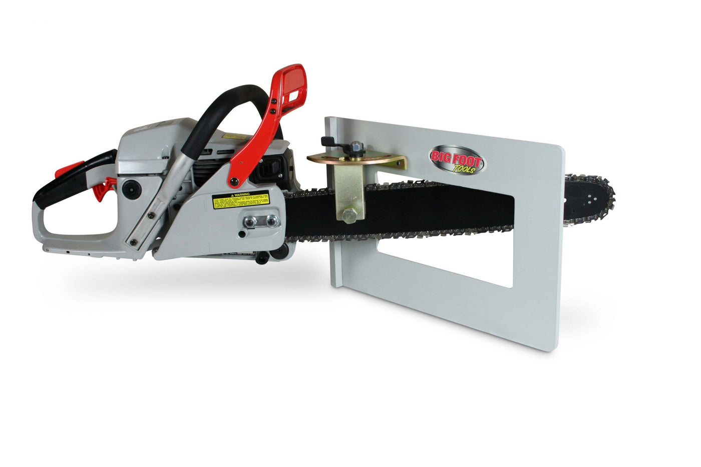 Introducing the Head Cutter Chain Saw Attachment by Big Foot Tools. This precision tool features a rectangular metal attachment on its blade and a red handle with a black grip for ultimate comfort and control in all your cutting tasks.