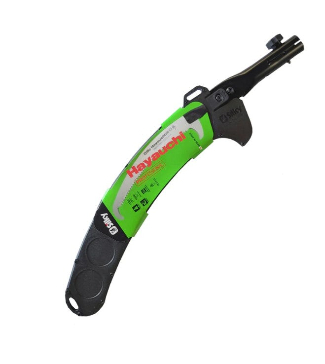 A green and black curved saw labeled "BBT Aluminum Pole Saw Hayuchi Blade" with safety instructions printed on the handle, featuring an aluminum telescoping pole for a professional pole saw experience.