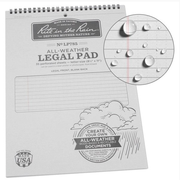 The Rite in the Rain Legal Pad, a spiral-bound product from the Rite in the Rain brand, demonstrates its water-resistant qualities with droplets on its pages, making it ideal for taking notes outdoors.