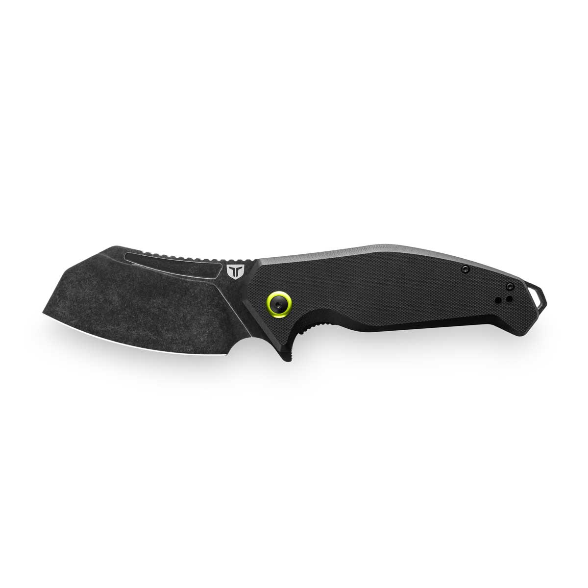 The True Maar Folding Knife by True Utility features a black handle and a partially serrated, stonewashed D2 steel blade with a green pivot ring.