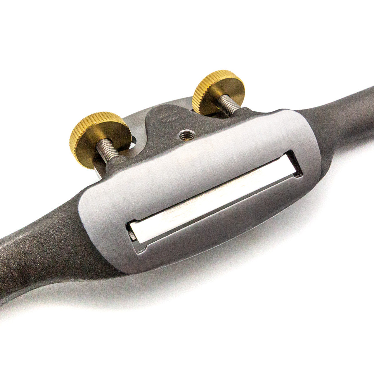 Close-up of a Melbourn Tool Company Spokeshave by Melbourne Tool Company, perfect for woodworking with two brass adjustment knobs and a central blade.