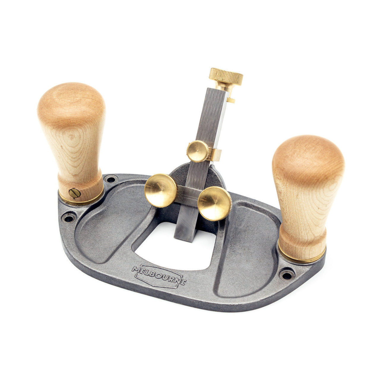 The Melbourne Tool Router Plane by Melbourne Tool Company features dual wooden handles, a sturdy metal base, and a central adjustable brass cutter, offering precision for crafting intricate woodworking designs with ease.