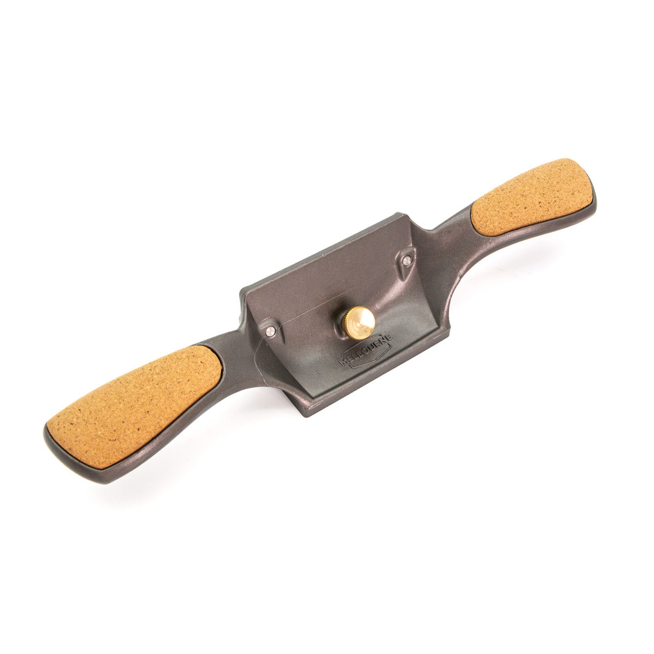 The Melbourne Tool Company Cabinet Scraper, a woodworking tool with cork handles and an adjustable brass knob, is ideal for top-notch craftsmanship.