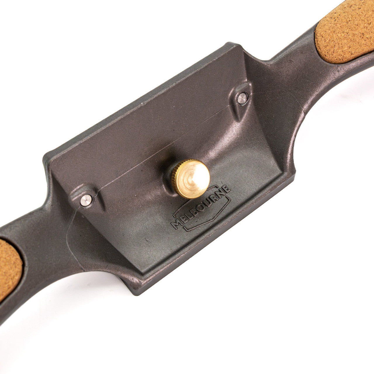 A close-up of the Melbourne Tool Company Cabinet Scraper shows a black metal tool with a central "Melbourne" knob and cork grips on both ends, crafted by Melbourne Tool Company. Perfect for woodworking enthusiasts, it offers precision and comfort.