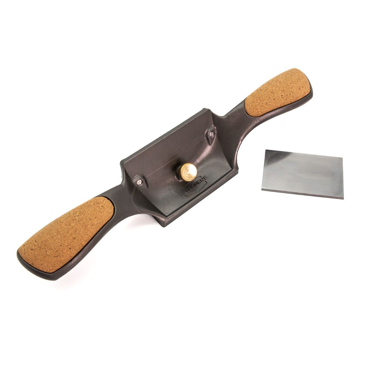 The Melbourne Tool Company spokeshave, perfect for woodworking projects, has cork handles and an adjustable blade. It is displayed next to the Melbourne Tool Company Cabinet Scraper on a pristine white background.