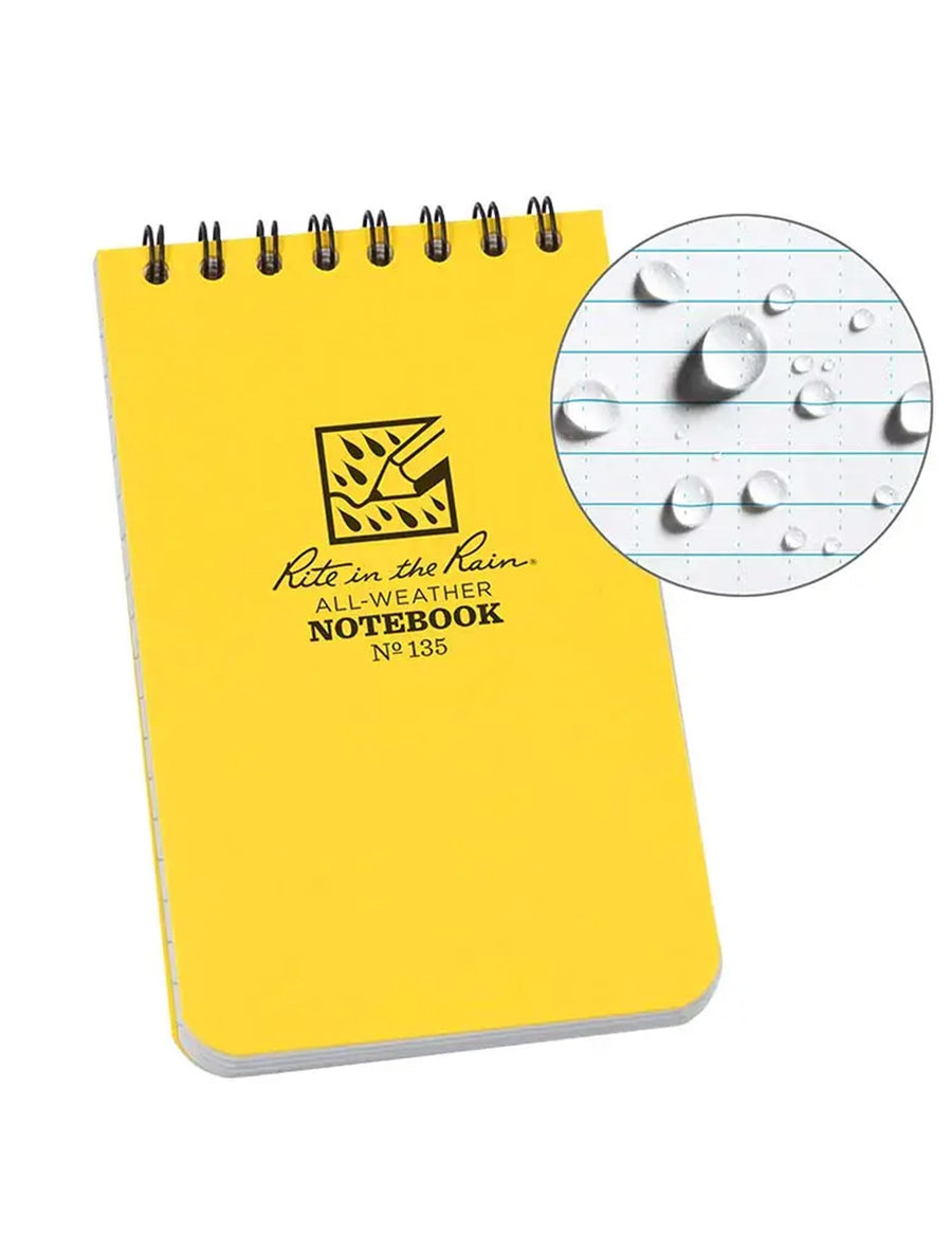 The "Rite in the Rain Pocket Notebook" by Rite in the Rain is a 3x5 inch yellow spiral pocket notebook featuring water-resistant pages, ideal for staying handy and readable even in wet conditions.