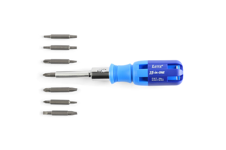 The Shelter Tools Lutz Screwdriver by LUT is a versatile 15-in-1 tool featuring a metal shaft, seven interchangeable bits, and ratcheting action. Its blue handle makes it perfect for tight spaces and is an excellent addition to any toolkit.