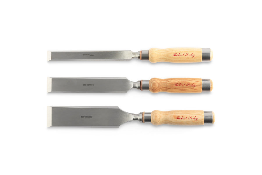 Three wood chisels, including the SOR Robert Sorby Bevelled Framing Chisel made from premium Sheffield Steel, have metal blades and wooden handles. They are displayed parallel on a white background, ideal for discerning timber framers seeking quality tools.