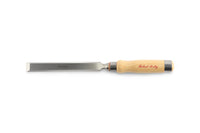 The SOR Robert Sorby Bevelled Framing Chisel features a sharp Sheffield Steel blade and a wooden handle with red text, making it perfect for timber framing by combining precision and durability.