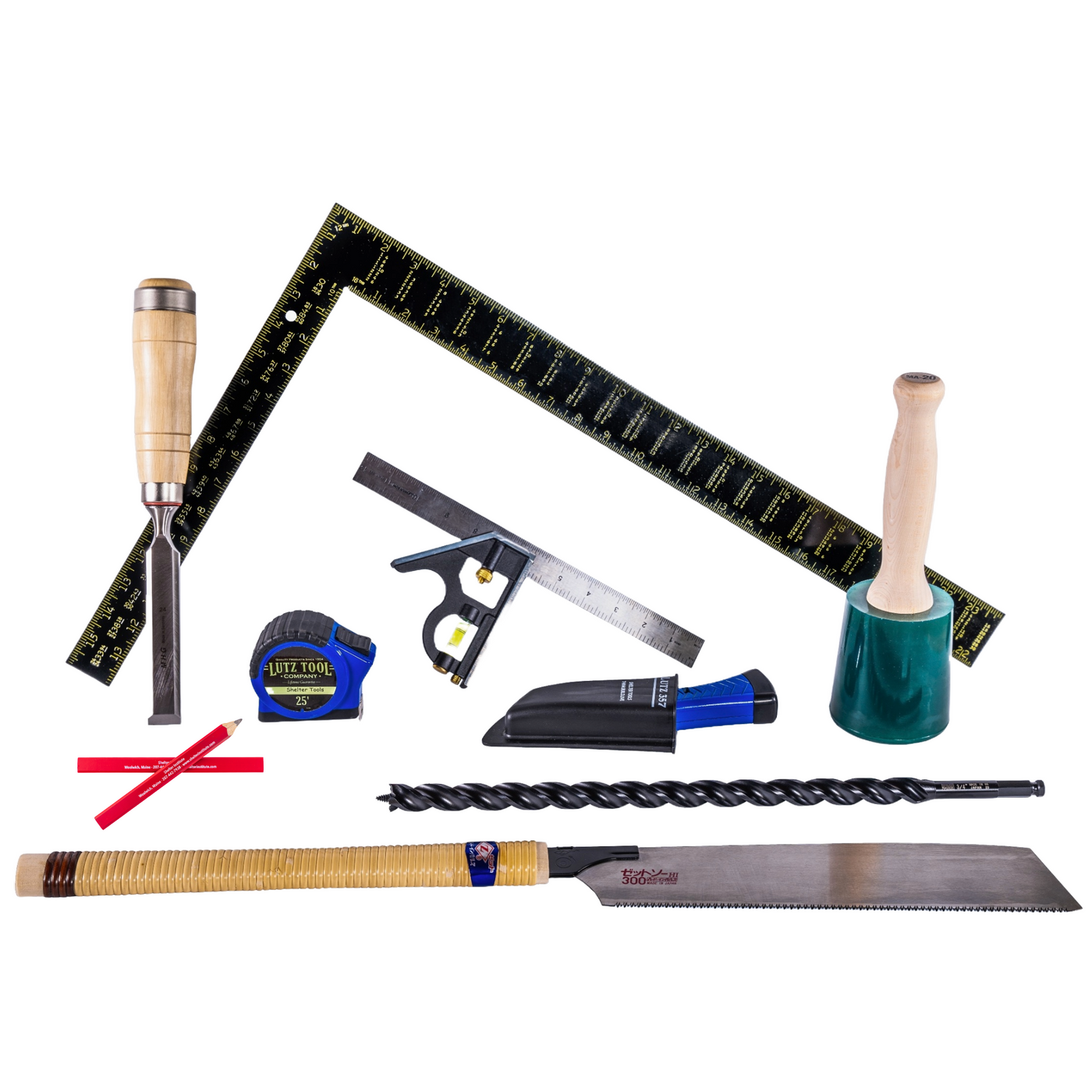 The Timber Frame Saw Horse Tool Kit by Shelter Institute features a chisel, measuring tape, mallet, drill bits, squares, and pencils arranged on white. Ideal for novice and experienced woodworkers tackling their next project or course.