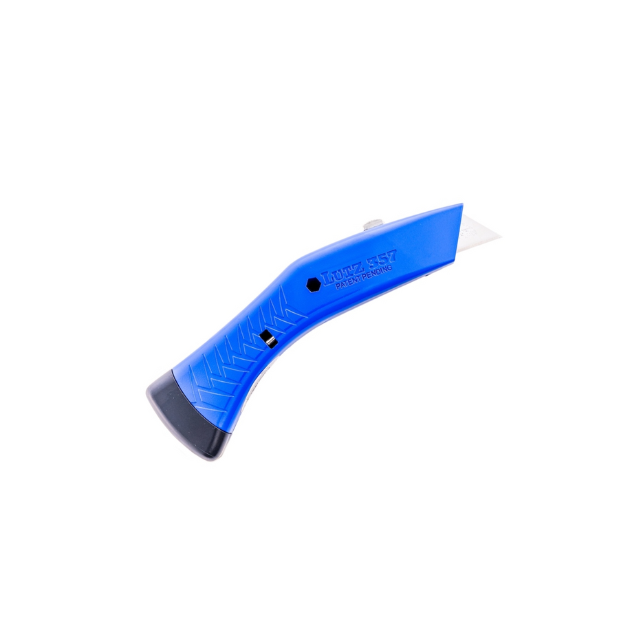 The Lutz 357 Utility Knife by LUT features a blue retractable blade, black textured handle, and internal storage for easy blade changes.