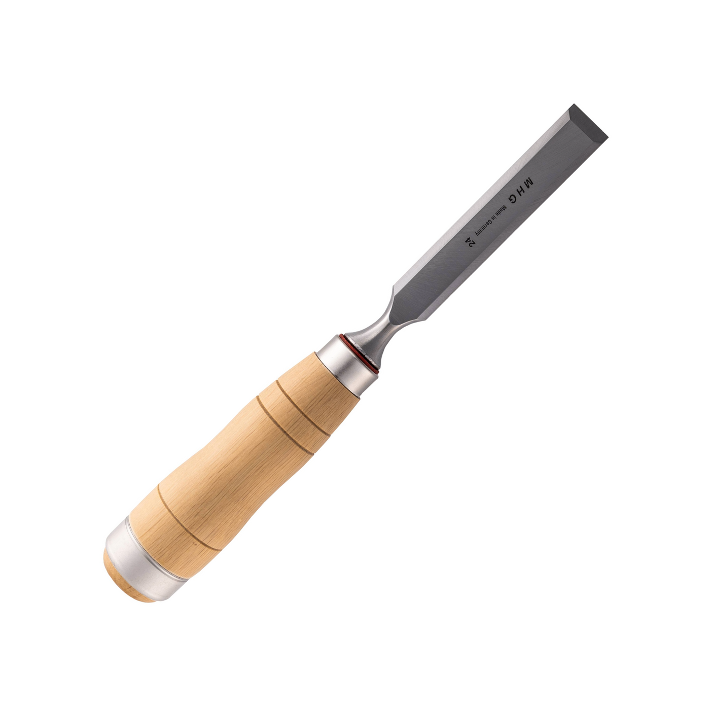 The MHG Carpenter Chisel, engineered in Germany, features a metal blade and wooden handle, ideal for woodworking. Isolated against a white background.