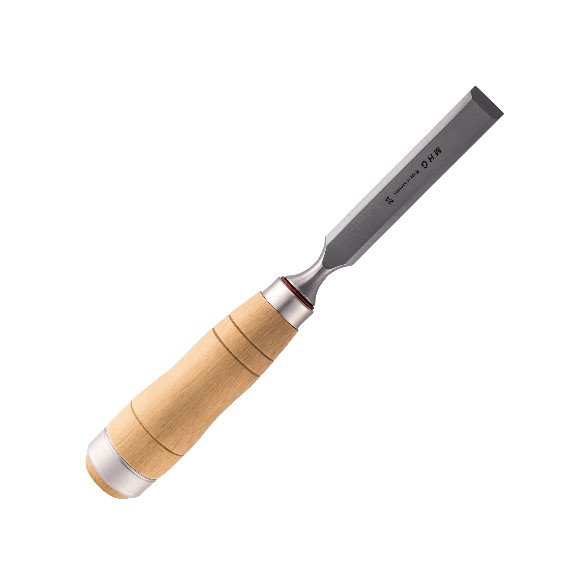 The MHG Carpenter Chisel, engineered in Germany, features a metal blade and wooden handle, ideal for woodworking. Isolated against a white background.