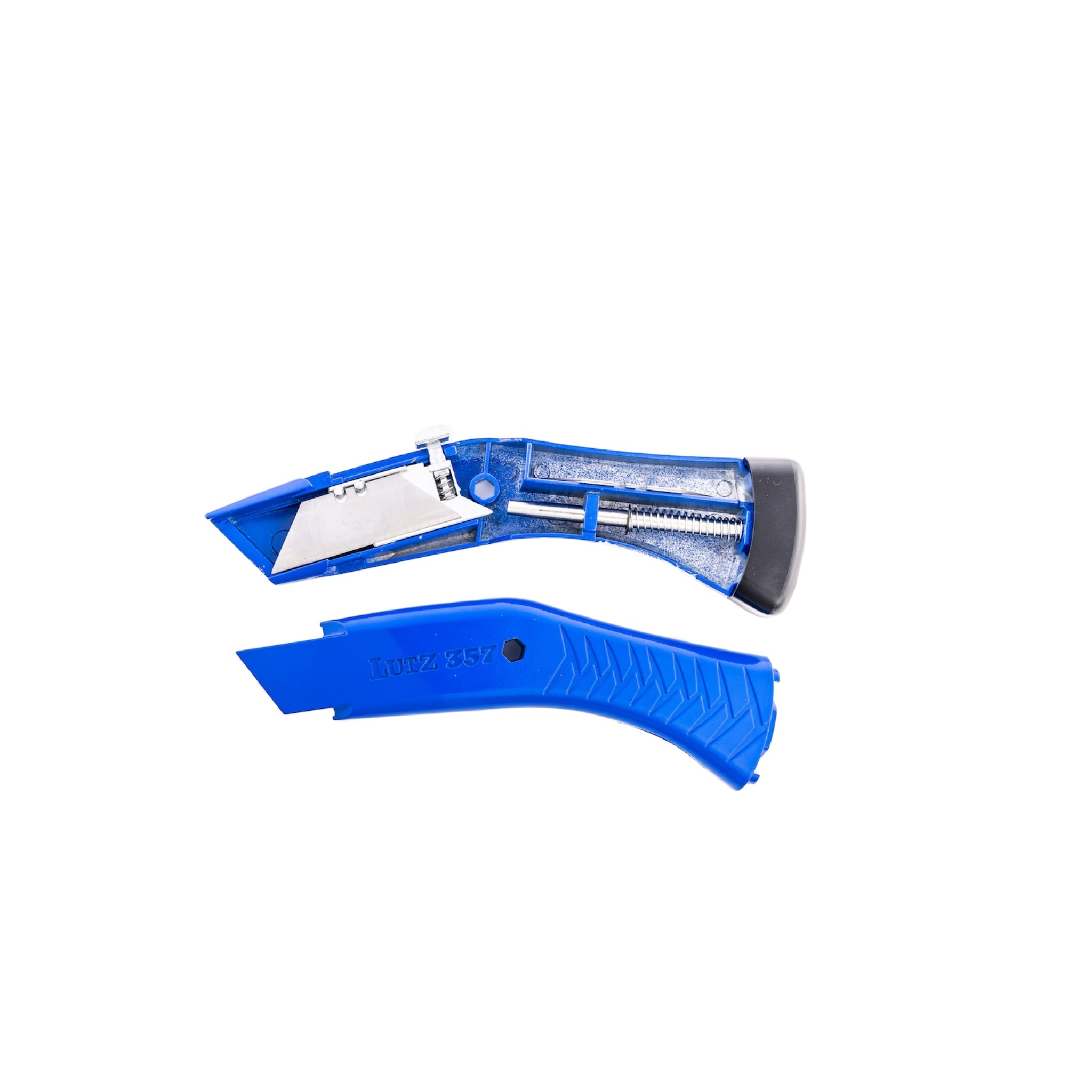 The Lutz 357 Utility Knife by LUT is shown disassembled on a white background, demonstrating its easy blade change for fast and efficient use.