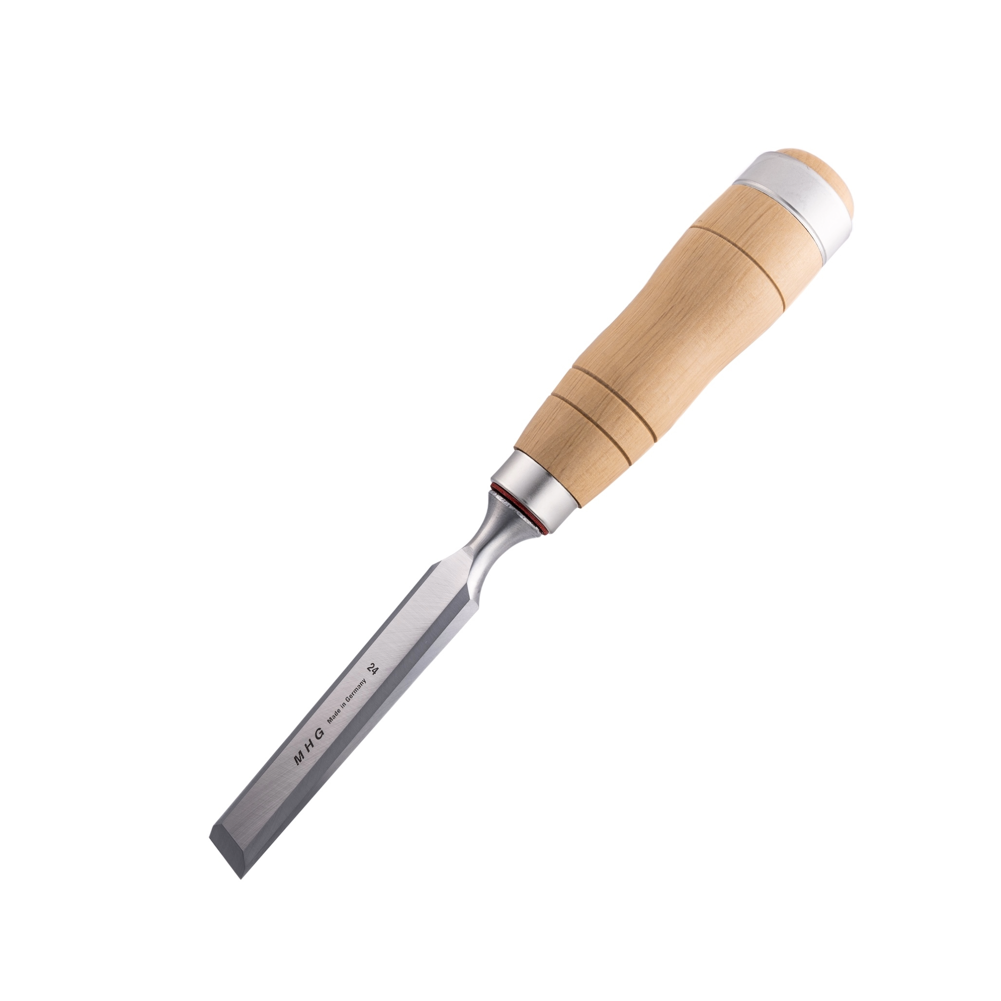 The MHG Carpenter Chisel, featuring a wooden handle and metal blade, meets German DIN 5141 standards, demonstrating quality craftsmanship against a clean white background.