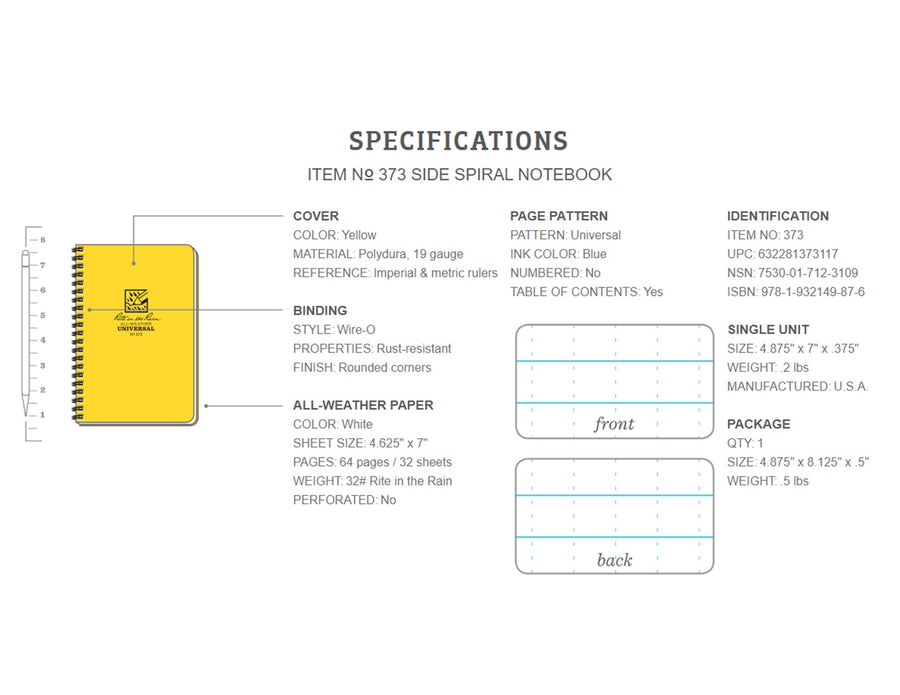 The Rite in the Rain All Weather Spiral Side Notebook specification sheet features details on its yellow cover, durable binding, page pattern, size, packaging, and ID numbers. Ideal for outdoor note-taking in any weather.