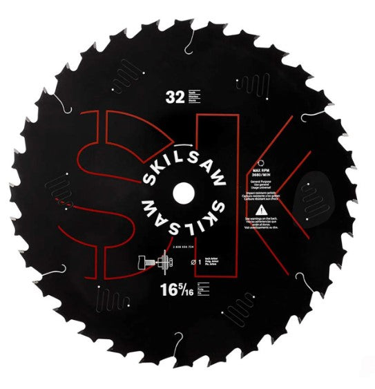 A black Skilsaw Circular Saw blade featuring red and white text that showcases the CHV brand and specifications such as "32 teeth" and "16-5/16 inches".