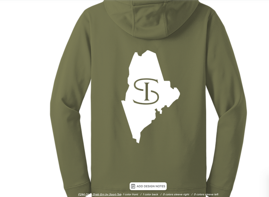 Shelter Institute's Shelter Sportek Pullover Sweatshirt in olive green features a white state silhouette with overlapping "D" and "I" letters in the center.