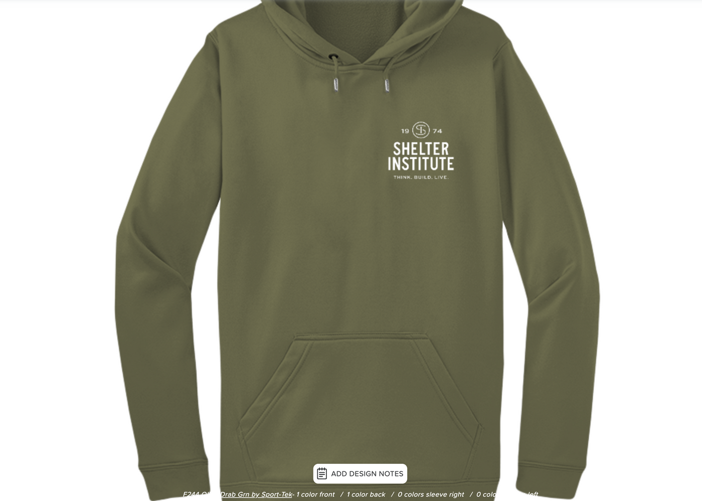 Olive green Shelter Sportek pullover sweatshirt by Shelter Institute with a front pouch pocket and white "Shelter Institute" logo on the chest.