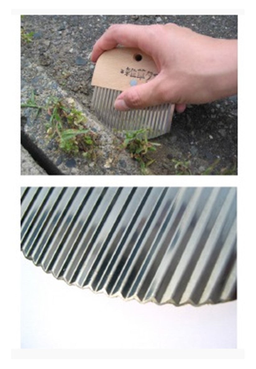 A hand skillfully maneuvers a MARU Weed Slicer, effortlessly removing weeds between paving stones; the close-up captures the ridged surface of its corrugated blade.