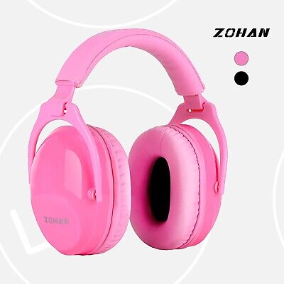 Pink over-ear earmuffs labeled "AMZ" are shown against a white background, providing excellent hearing protection. Available in pink and black, these earmuffs are ideal safety gear for kids in noise-sensitive environments.