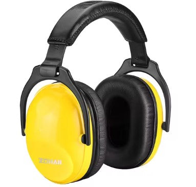 AMZ Children's Hearing Protection offers yellow and black over-ear headphones with a padded headband, ideal for kids' safety.