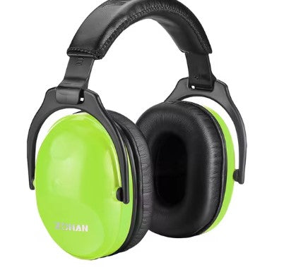 The AMZ Children's Hearing Protection earmuffs in bright green and black feature noise-canceling technology, cushioned ear pads, and an adjustable headband, offering excellent hearing protection, making them ideal for kids' safety gear.