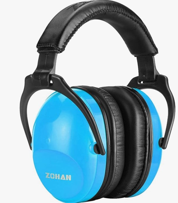 AMZ Children's Hearing Protection features blue noise-canceling earmuffs with black cushioning and headband, ideal for kids' safety gear, displayed against a plain background.