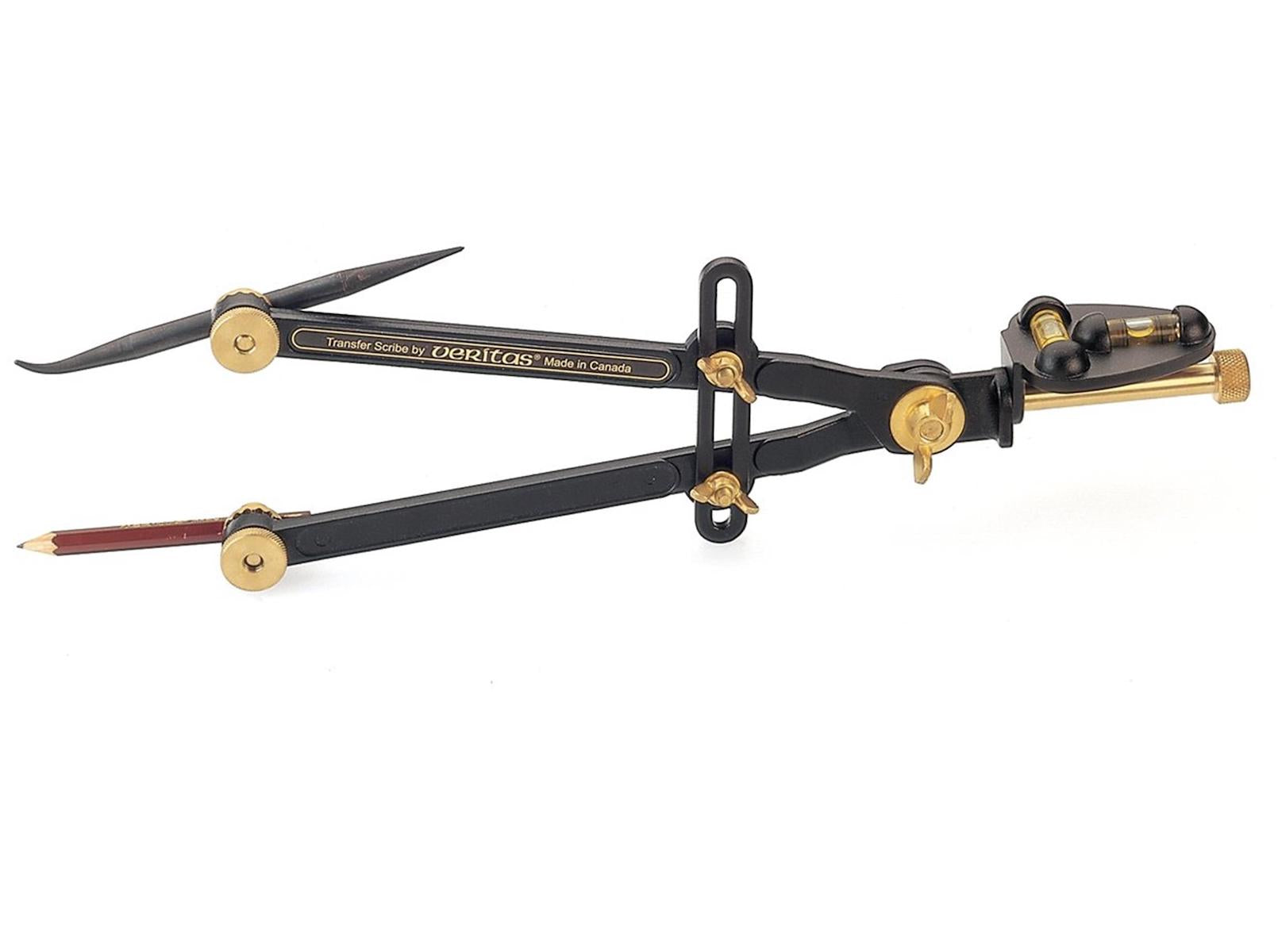 The Veritas Transfer/Log Scribe by VER is a black and gold drafting compass with adjustable arms, including an attached pencil for precise measurements, ideal for transfer scribing and carpenter use.