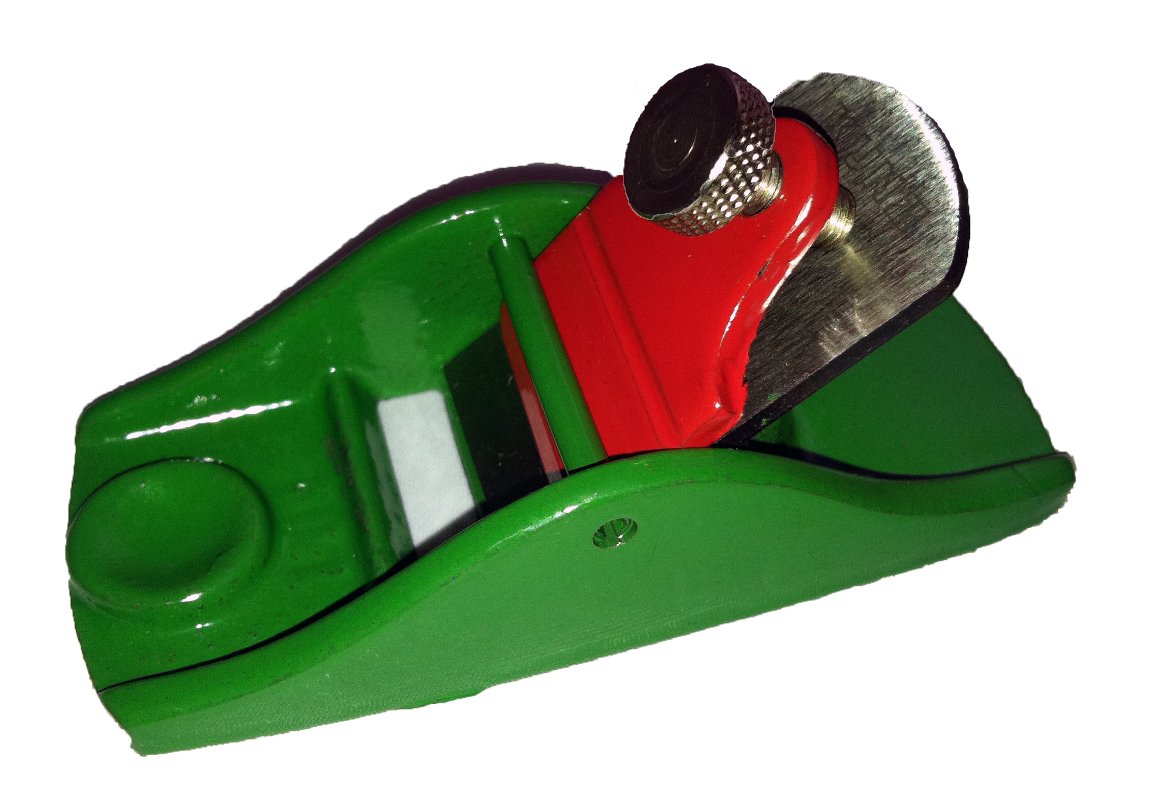 The Kunz Pocket Block Plane by ROB is a charming green hand planer with a flat-bottomed design, featuring a red adjustable blade and a knurled metal knob, perfect for detailed work.