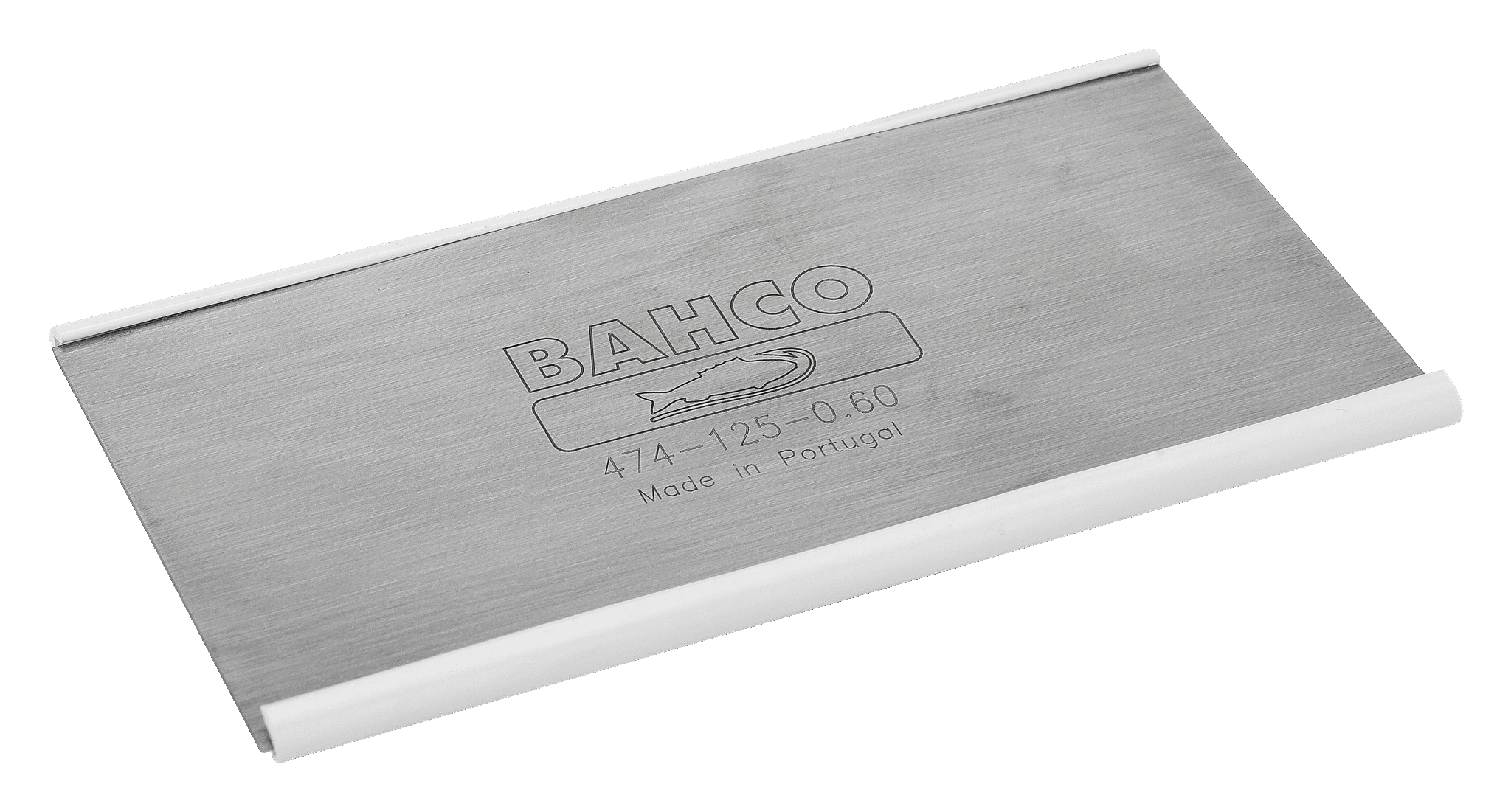 The JHW Bahco Cabinet Scraper, model 474-125-0.60, is a rectangular tool made of chrome-nickel stainless steel with white edges and marked "Made in Portugal," designed for precise wood surface smoothing.