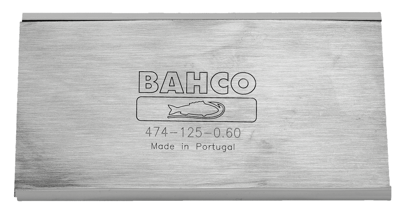 Close-up of a JHW Bahco Cabinet Scraper, crafted from chrome-nickel steel. It features the logo, model number 474-125-0.60, and "Made in Portugal" engraving, ideal for smoothing wood with precision and durability.