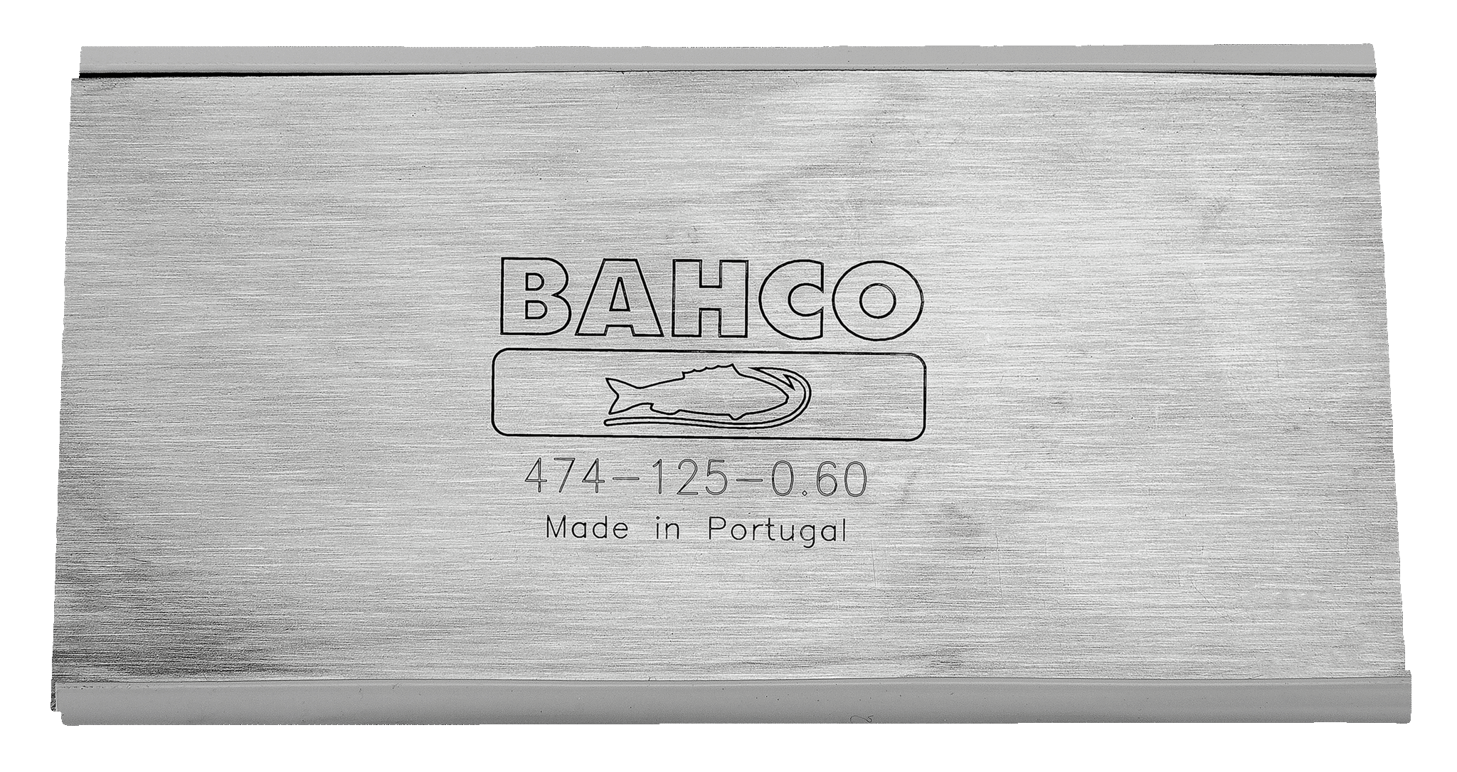 Close-up of a JHW Bahco Cabinet Scraper, crafted from chrome-nickel steel. It features the logo, model number 474-125-0.60, and "Made in Portugal" engraving, ideal for smoothing wood with precision and durability.