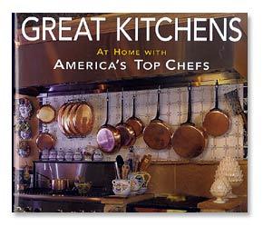 The cookbook titled "Great Kitchens: At Home With America's Chefs" by Shelter Institute features an image of a stunningly remodeled kitchen, complete with hanging copper pots and pans.