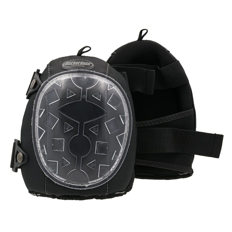 Two PUL GELDOME HARD SHELL KNEEPADs in black durable neoprene with clear protective covers and adjustable straps. One knee pad stands upright showcasing the protective cover, while the other is tilted to display the strap. These professional knee pads are designed for superior comfort and protection.