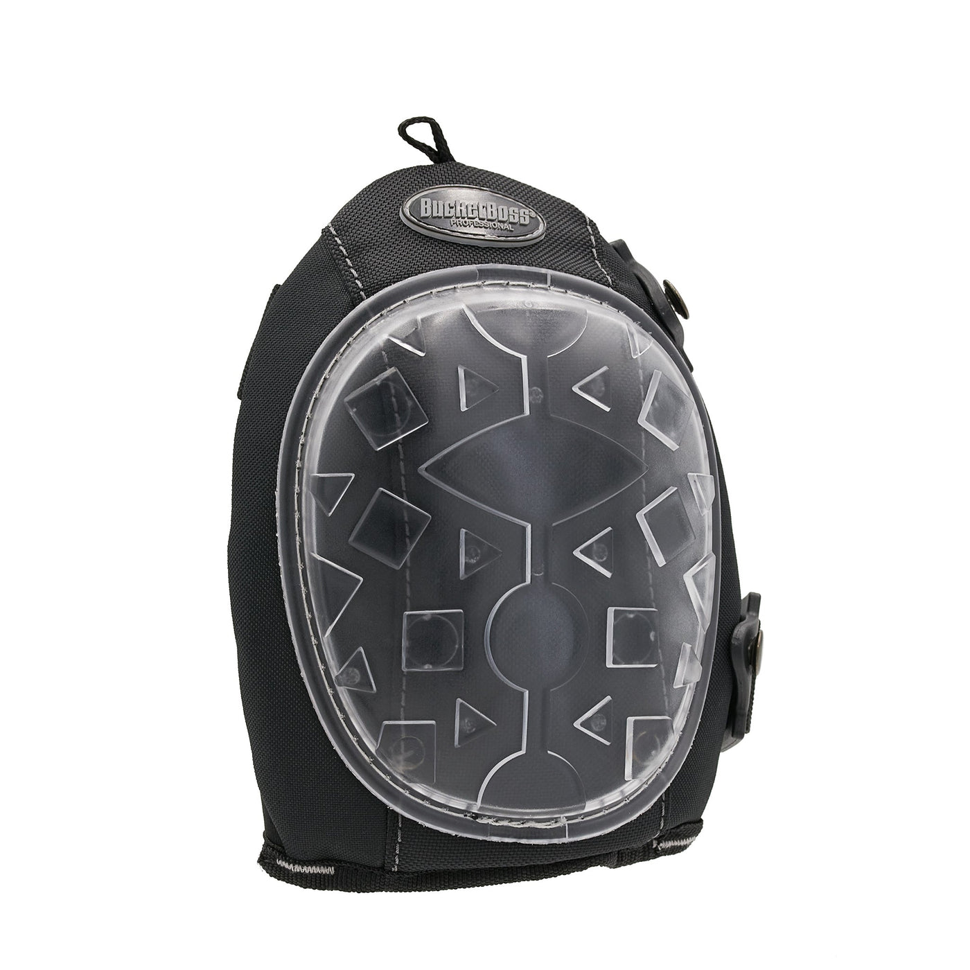 A black knee pad with a transparent protective cover and strap, labeled "PUL" at the top, featuring durable neoprene construction for professional-grade protection, named GELDOME HARD SHELL KNEEPAD.