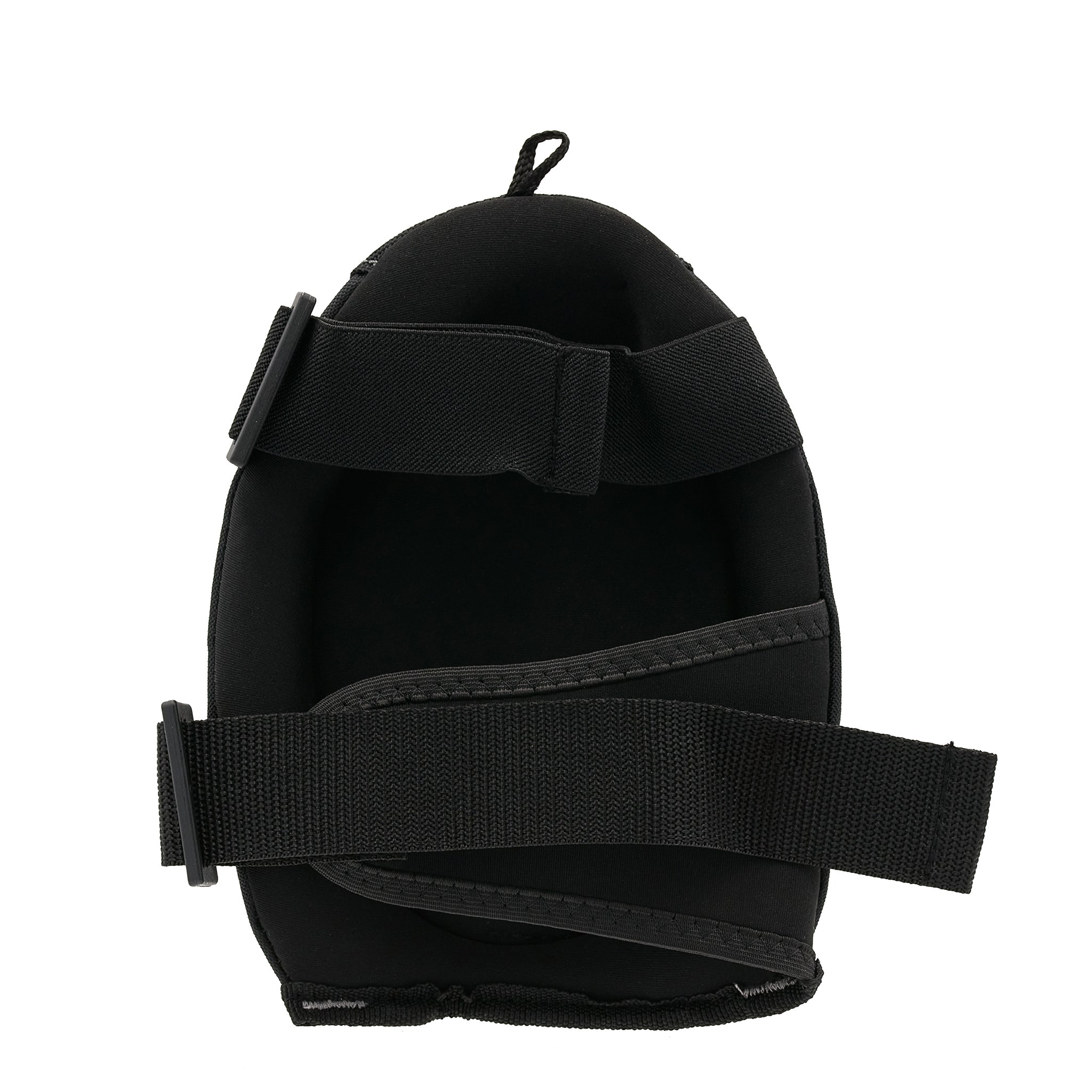 The PUL GELDOME HARD SHELL KNEEPAD is a black, oval-shaped object featuring two adjustable black straps and buckles. It is designed as a professional knee pad made with durable neoprene for ultimate comfort, showcased on a white background.
