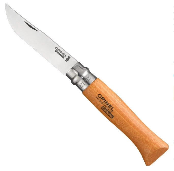 A No.09 Opinel Folding Knife featuring a wooden handle and a carbon steel blade, branded by Opinel. Perfect for bushcraft enthusiasts.