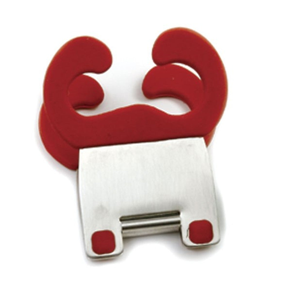 The NORP Grip-Ez Pot Clip has a red and silver crab-like design with curved red claws, a metallic body, and is made from heat-resistant silicone.