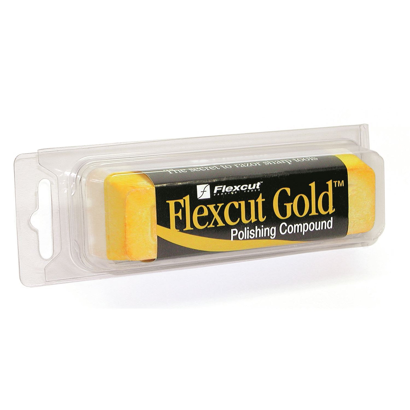 A rectangular bar of Flexcut Gold Polishing Compound from FLE, in yellow, enriched with aluminum and titanium oxide for a high-color polish, packaged in a clear plastic casing with a black label.