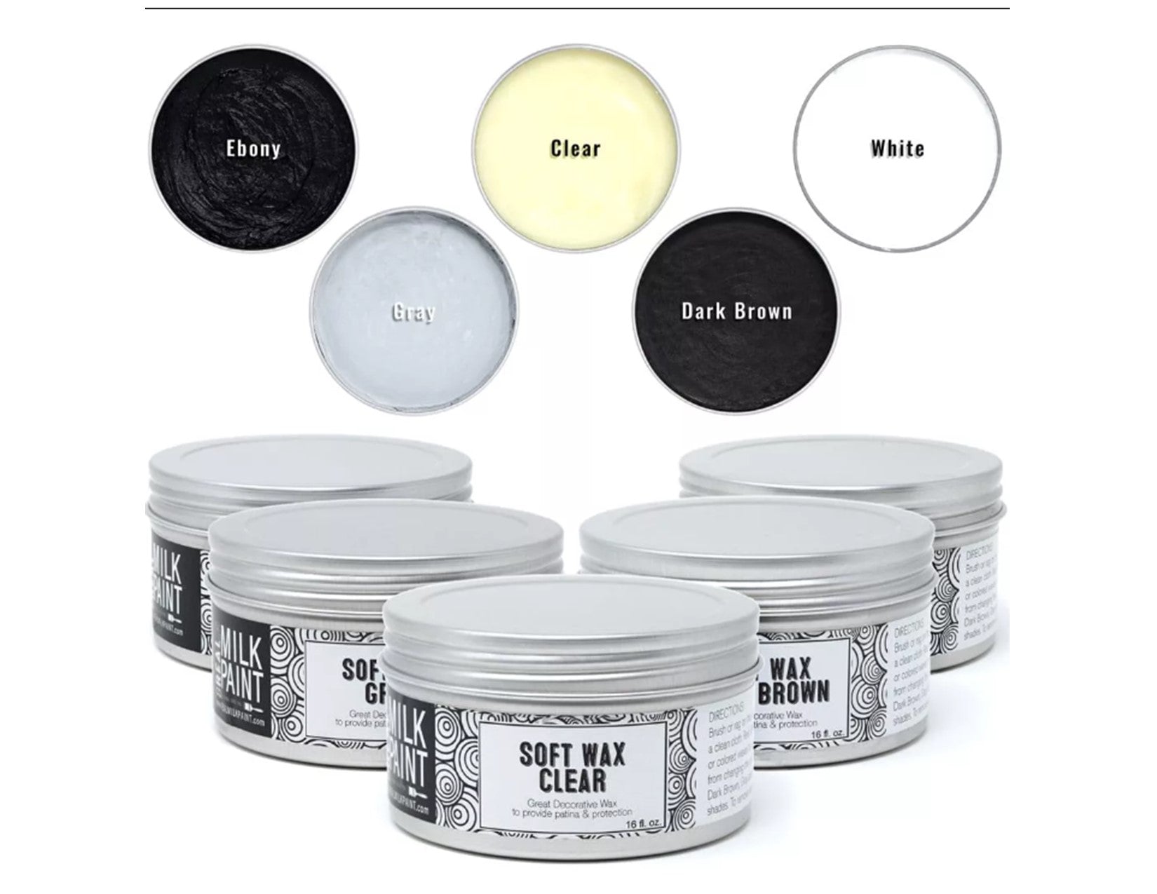 RMP's Soft Wax containers in Ebony, Clear, White, Grey, and Dark Brown are ideal for furniture refinishing. Five jars are displayed with labels "Soft Wax Clear" and "Soft Wax Brown.