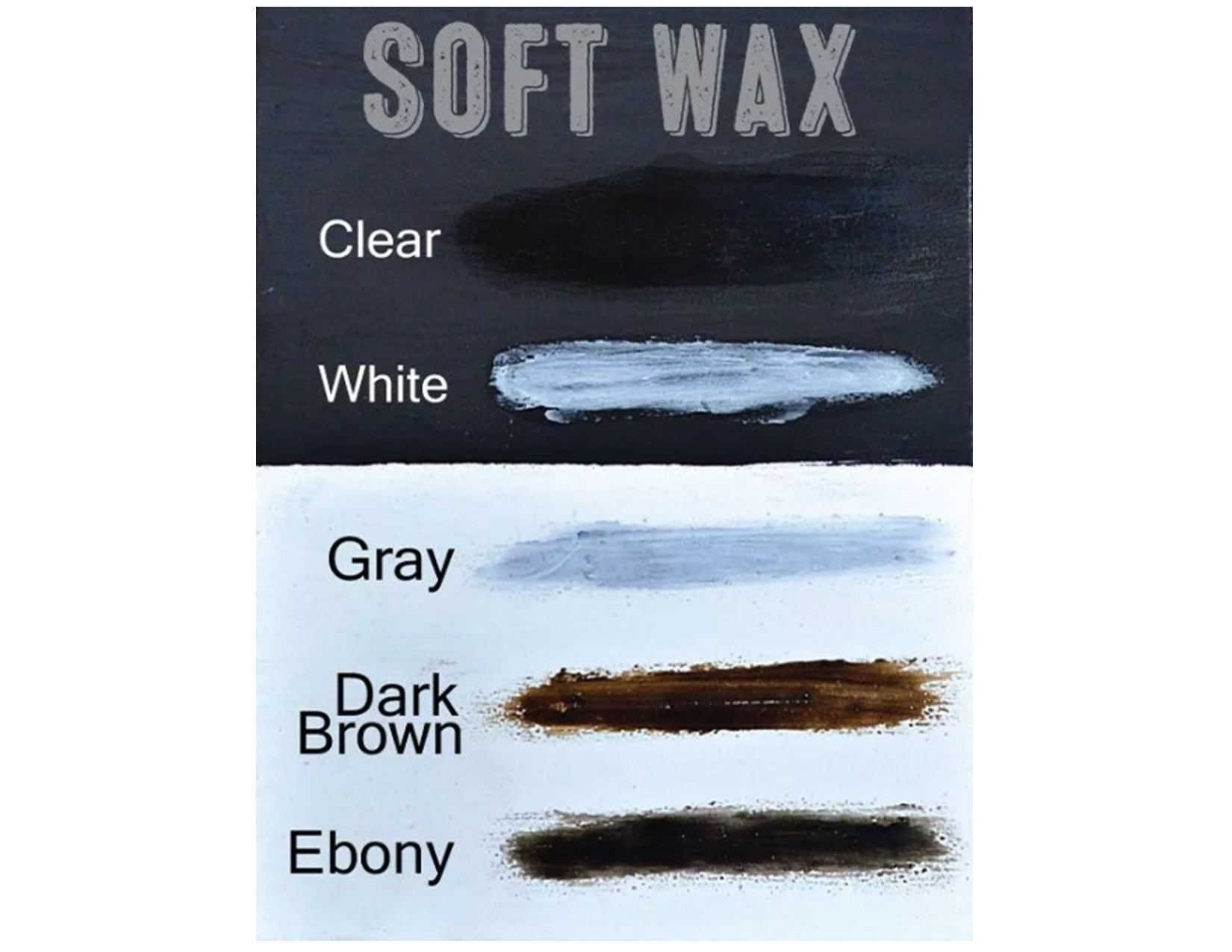 A chart displaying the elegantly curated Soft Wax color options by RMP for furniture refinishing: Clear, White, Gray, Dark Brown, and Ebony.